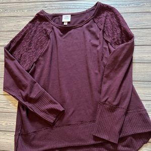 COPY - Very soft aubergine color sweater with lace detail and rough hems. Size …